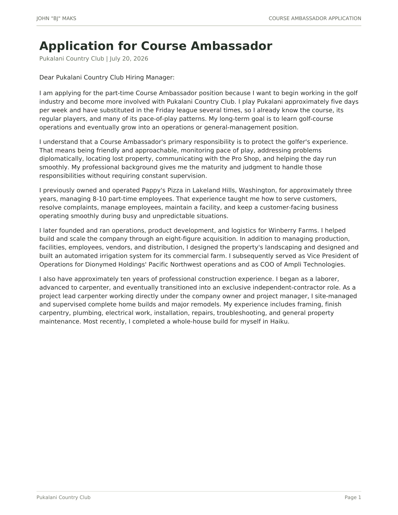 Course Ambassador Application, John BJ Maks &mdash; page 1