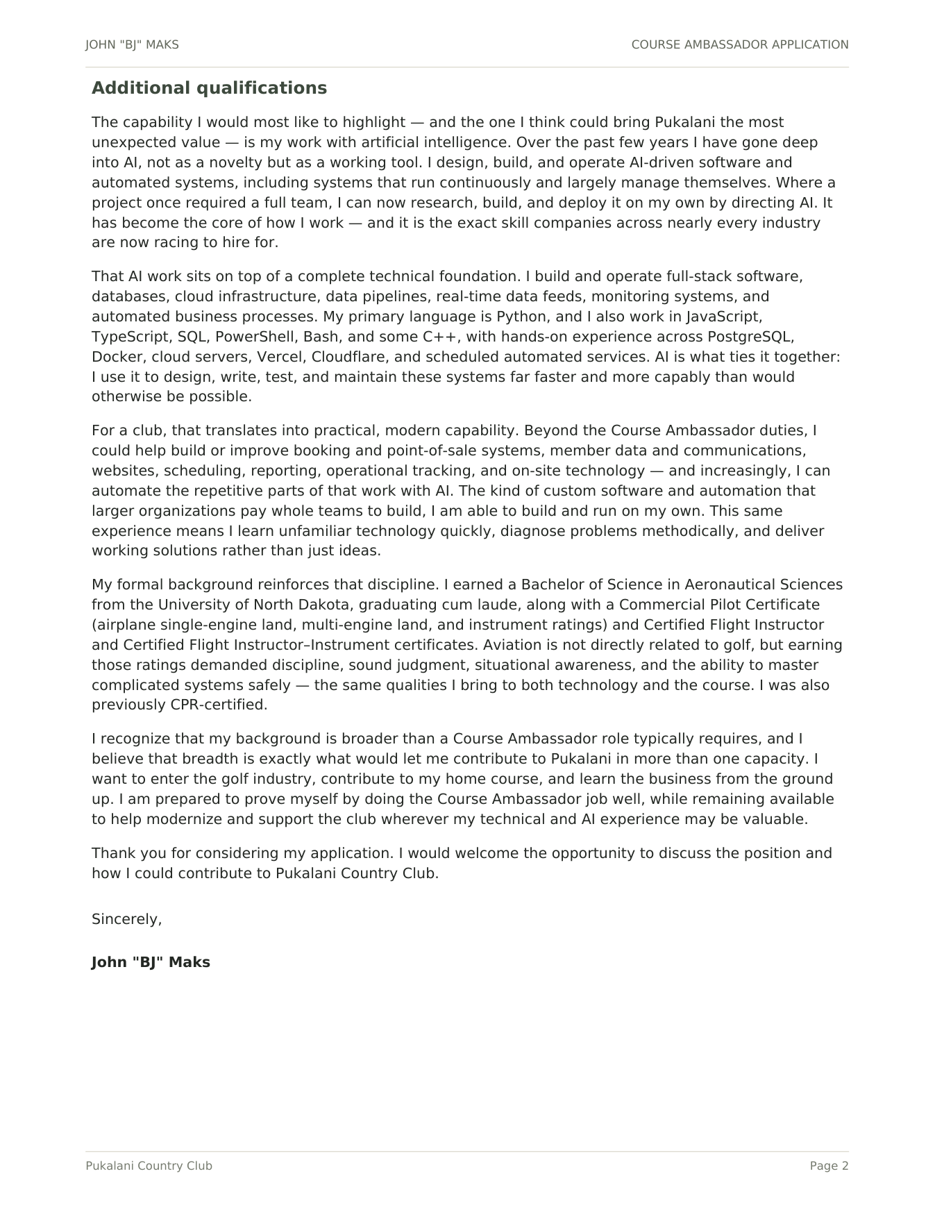 Course Ambassador Application, John BJ Maks &mdash; page 2 (additional qualifications & technical abilities)