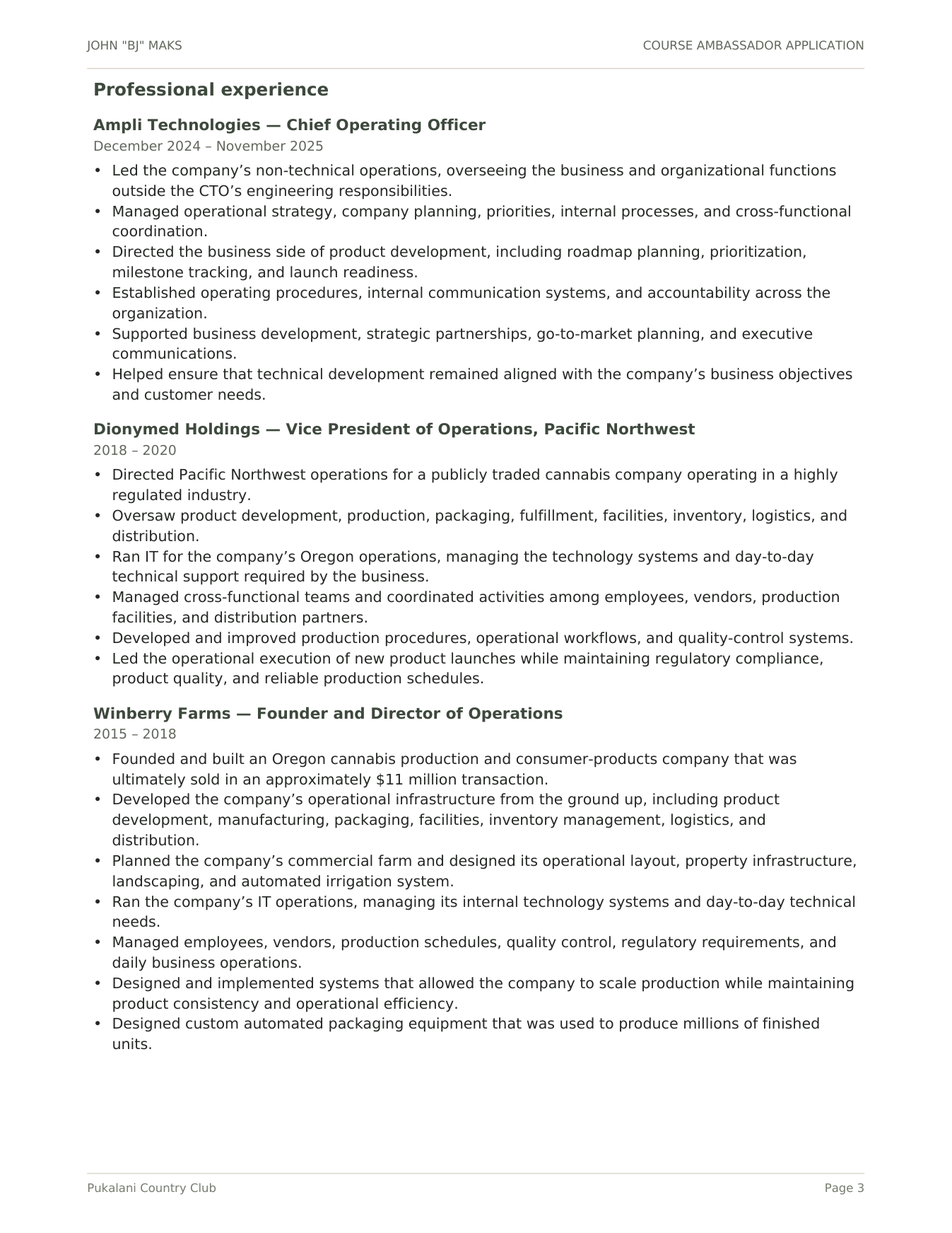 Course Ambassador Application, John BJ Maks &mdash; page 3 (professional experience)